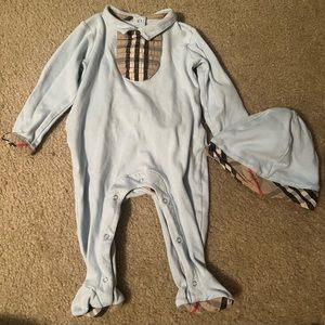 Light blue Burberry onesie with hat